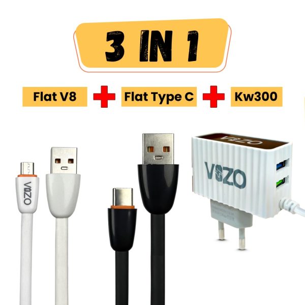 Bundle 11 / Flat V8 + Flat Type C + Kw300 Charger 1 Vizo Flat Fast Cable Flat Micro-usb Cable