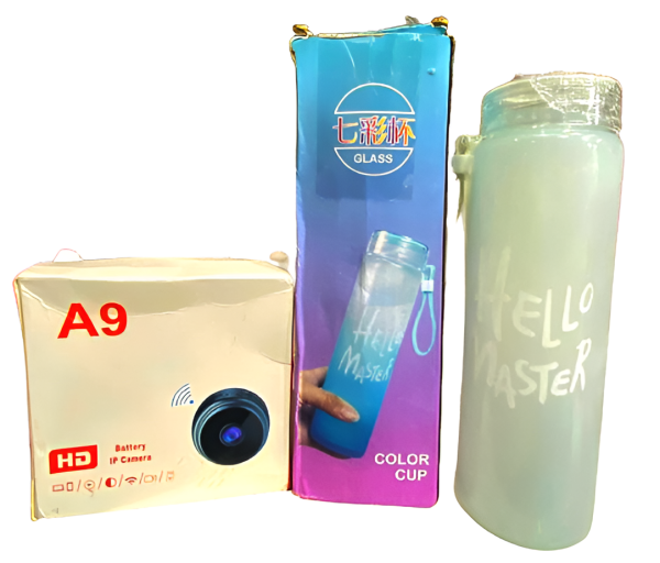 A9 Mini Camera & Frosted Glass Water Bottle