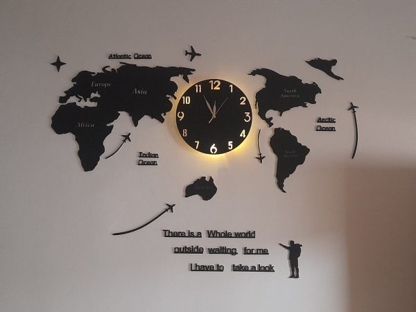 Large 3d Wooden World Map Wall Clock With Led Neon Light | 40×55″