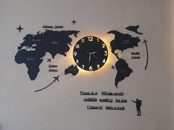 Large 3d Wooden World Map Wall Clock With Led Neon Light | 40×55″