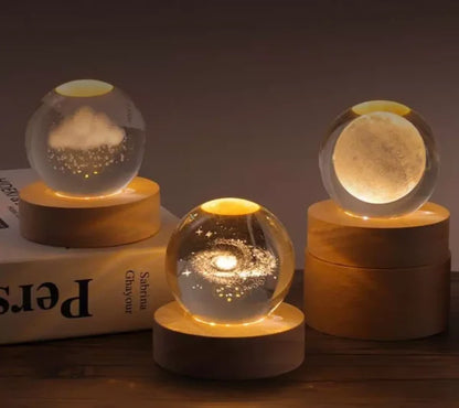 3d Galaxy Solar System Crystal Ball Night Light With Wooden Base For Boys And Girls