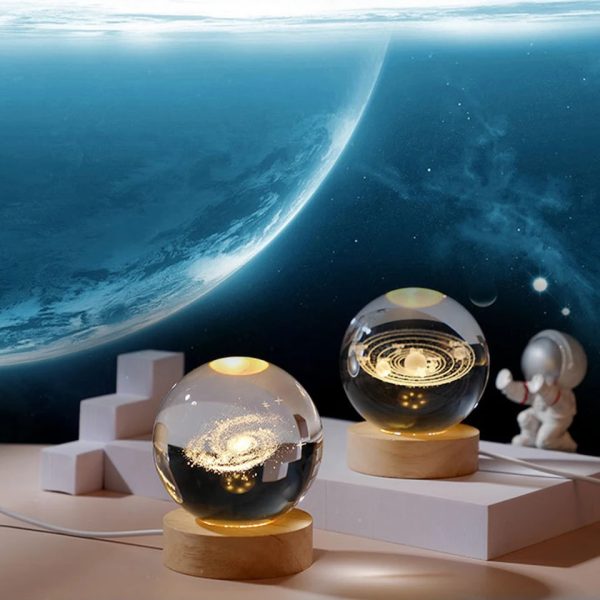 3d Galaxy Solar System Crystal Ball Night Light With Wooden Base For Boys And Girls