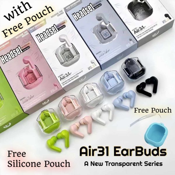 Air31 Earbuds Wireless Crystal Transparent Body – With Silicone Pouch (random Color)