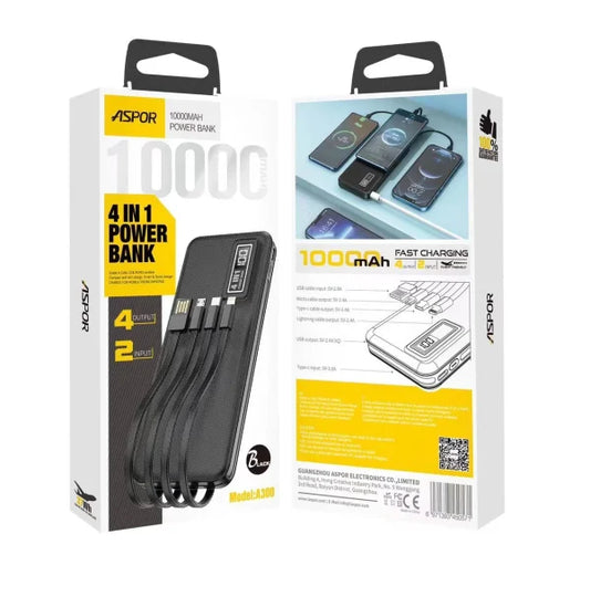 A300 Power Bank Original 10000mah Li-polymer Battery 4 In1 Power Bank Black