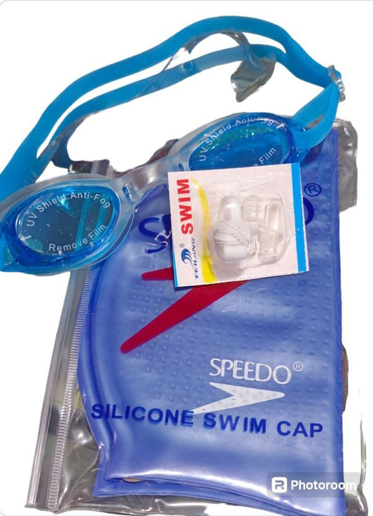 Pack Of 3 Swimming Silicone Cap + Swimming Googles ( Anti Fog) + Nose Clip + Ear Pin