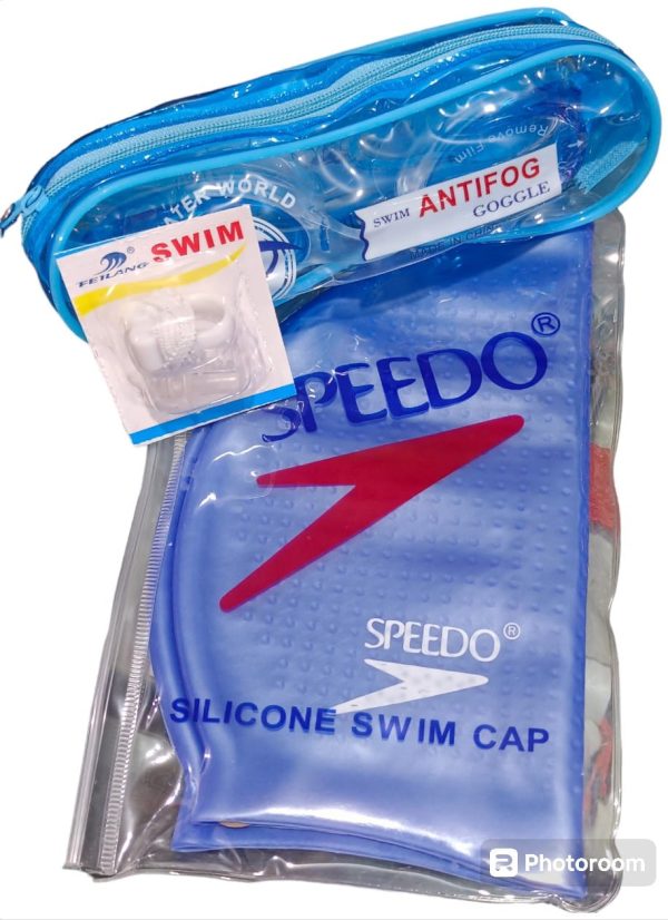 Pack Of 3 Swimming Silicone Cap + Swimming Googles ( Anti Fog) + Nose Clip + Ear Pin