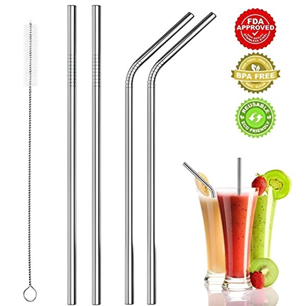 Pack Of 4 – Reusable Stainless Steel Metal Straws With Cleaning Brush